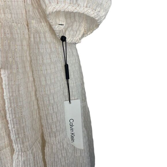 Calvin Klein V-Neck Long Sleeve Tier Ruffled Mini Dress Sz 4 white w gold lines - Picture 6 of 7